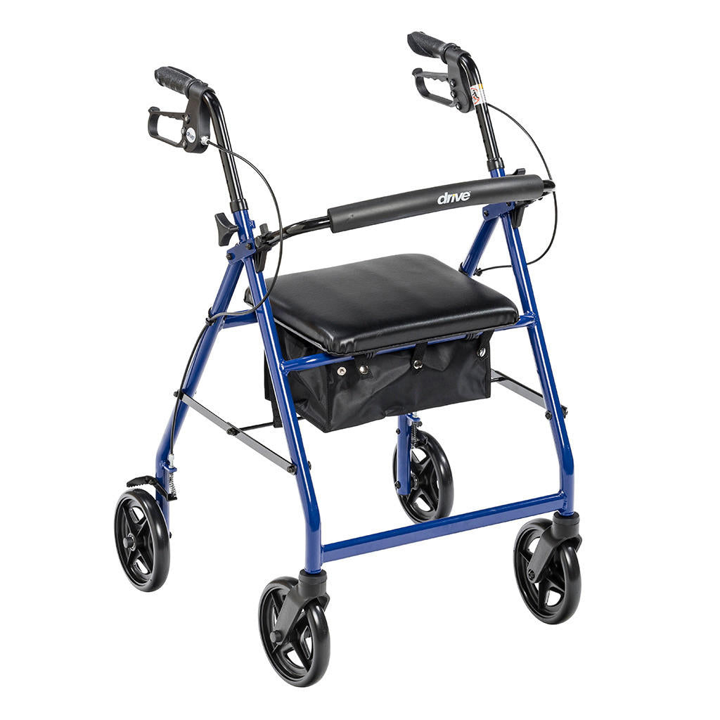 The Drive Aluminum Rollator in blue by Drive features four wheels, hand brakes, ergonomic handles, a padded seat, and a secure zippered pouch under the seat for convenient storage.