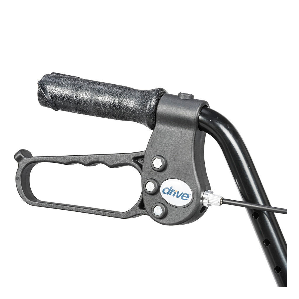 Close-up of the Drive Aluminum Rollator in blue, featuring ergonomic black handles, a hand brake lever with an attached brake cable, and the Drive logo on the side.