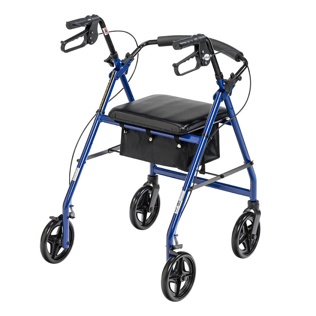 The Drive Aluminum Rollator, Blue by Drive features four large black wheels, ergonomic handles with hand brakes, a padded seat, and a zippered pouch under the seat for convenient mobility assistance.