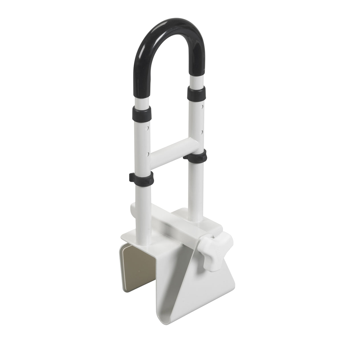 The Drive Bath Safety Grab Bar by Drive features an adjustable white and black design with a scratch-proof security clamp base and stainless steel locking, delivering sturdy support for safe entry and exit from the bathtub.