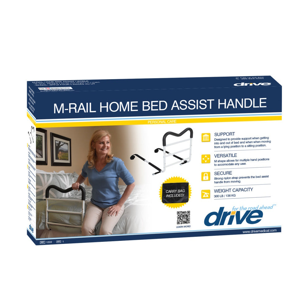 Box of the Drive M-Rail Home Bed Assist Handle by Drive, showing an older woman using this senior bed rail. Packaging features support, versatility, bed safety and security, plus a convenient carry bag.