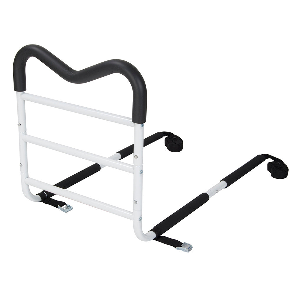 The Drive M-Rail Home Bed Assist Handle by Drive is a white metal bed rail for seniors with a black foam handle, horizontal support bars, and adjustable straps to secure to a bed frame, enhancing safety when getting in and out of bed.