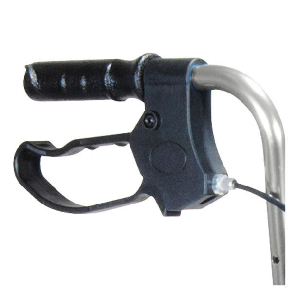 Close-up of a black plastic and metal hand brake handle with cable, attached to the lightweight aluminum frame of a Drive Deluxe 3 Wheel Rollator by Drive, shown here in Flame Blue.