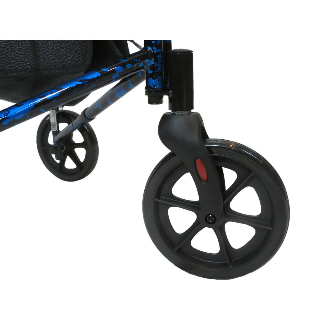 Close-up of the front black spoke wheel on a Drive Deluxe 3 Wheel Aluminum Rollator in Flame Blue, showing part of the lightweight aluminum frame and mesh basket by Drive.
