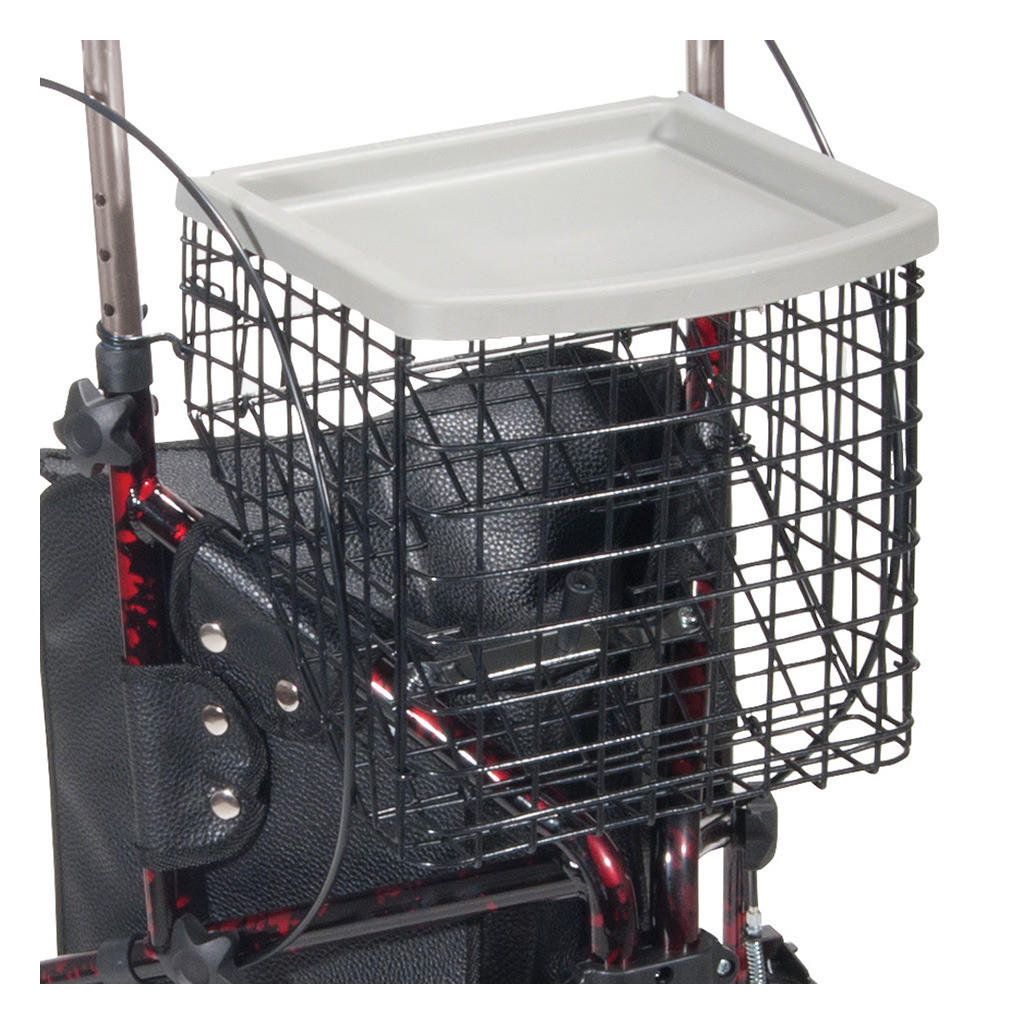 A close-up view of the Drive Deluxe 3 Wheel Aluminum Rollator by Drive in Flame Blue, featuring a black metal wire basket with a removable plastic tray mounted at the front.