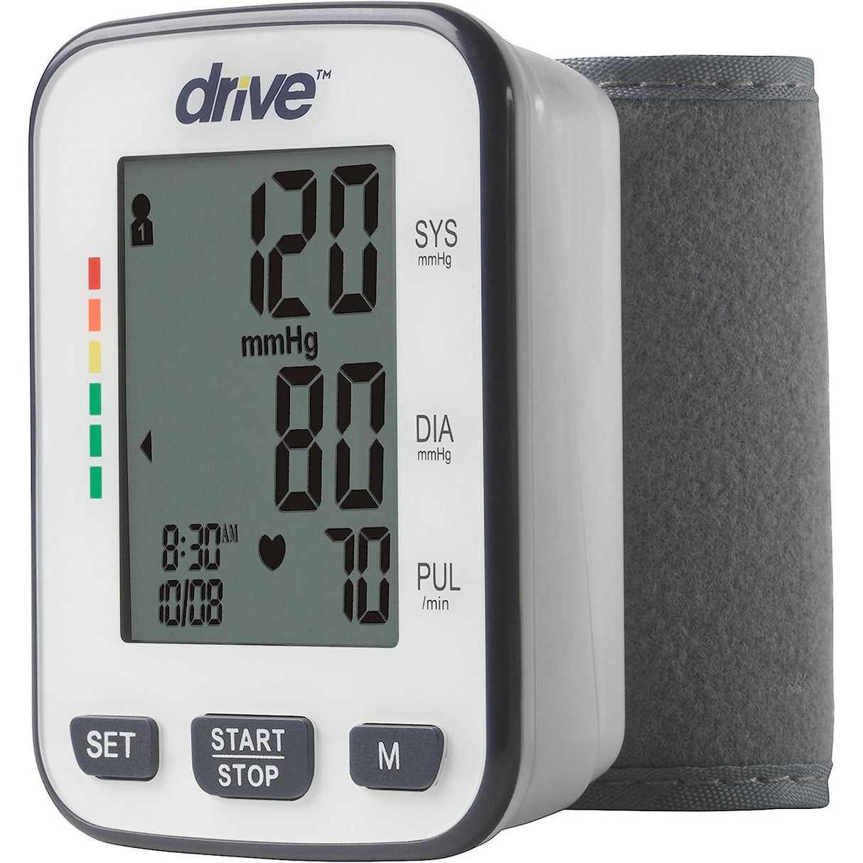 The Drive Deluxe Automatic Blood Pressure Monitor, Wrist by Drive features a gray cuff, displays 120/80 and pulse 72, and offers date, time, and colored indicator bars on the left side for easy tracking.