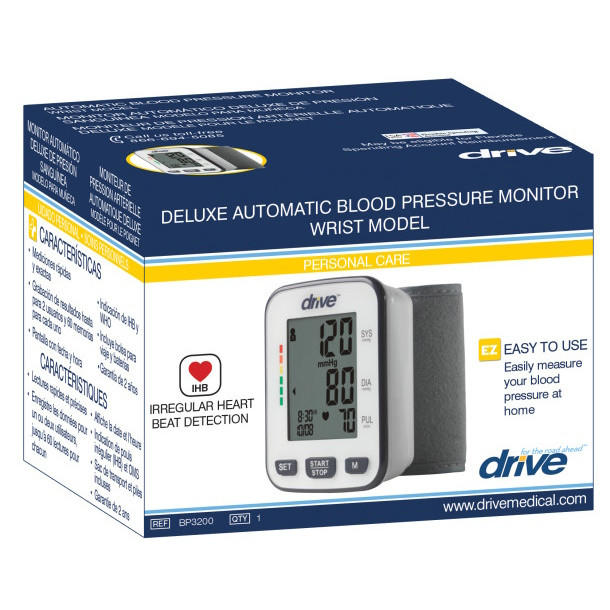 A blue and yellow box of the Drive Deluxe Automatic Blood Pressure Monitor, Wrist by Drive, displays the device with features like irregular heartbeat detection and a user-friendly design for easy home blood pressure monitoring.