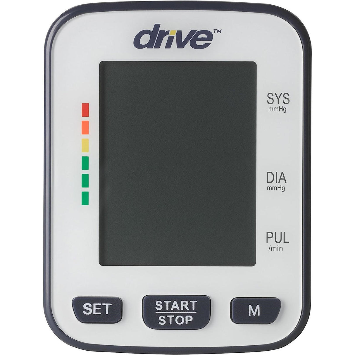 The Drive Deluxe Automatic Blood Pressure Monitor, Wrist features a large screen, colored indicator bars on the left, and SET, START/STOP, and M buttons at the bottom. The Drive brand is above the display, making it ideal for home blood pressure monitoring.