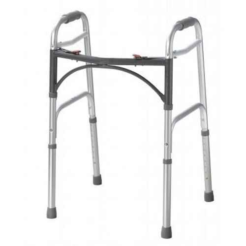 The Drive Deluxe Dual Release Folding Walker by Drive is a lightweight aluminum walker with a 350 lb capacity, four rubber-tipped legs, and two curved handles for support, designed to aid walking and mobility.