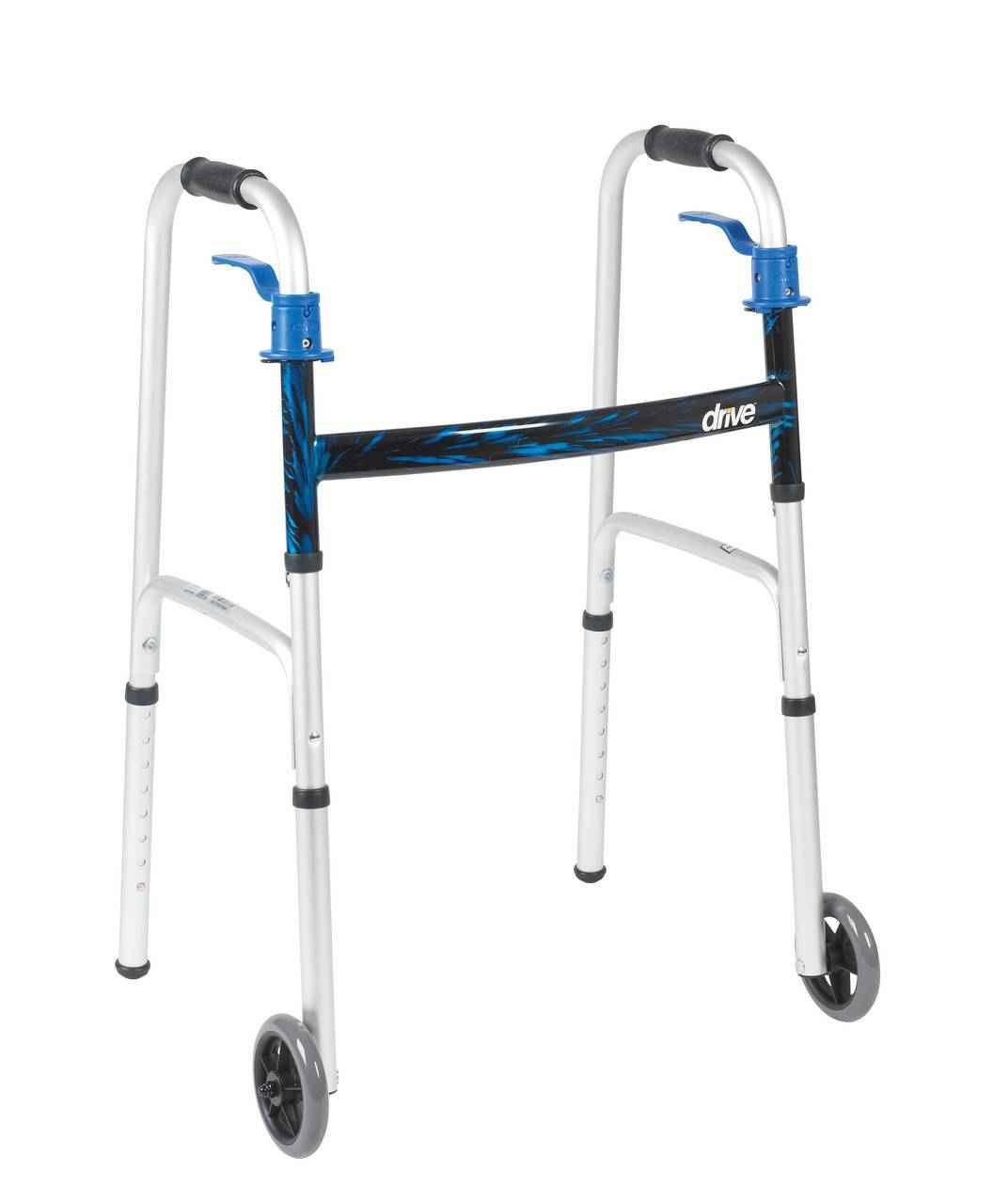 The Drive Deluxe Trigger Release Folding Walker with 5 Wheels features blue accents, black hand grips, adjustable legs, and is lightweight and durable. The Drive brand name appears on the side of this foldable walker.