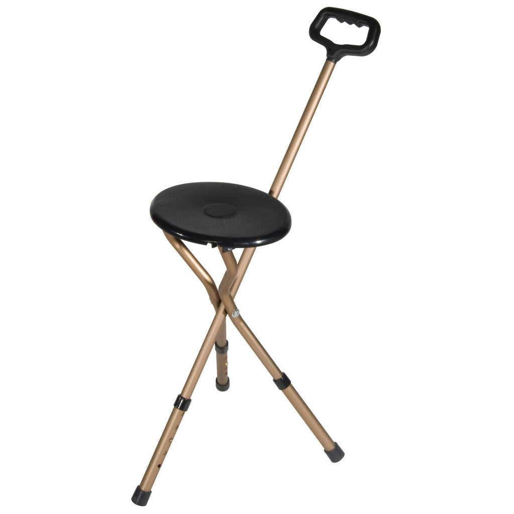 The Drive Foldable Adjustable Tripod Cane Seat by Drive features three bronze-colored legs, a round black seat, and an angled handle for support, offering a portable, easy-to-carry solution for sitting and walking.