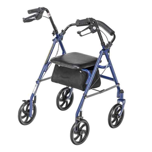 The Drive Four Wheel Rollator Walker by Drive features a blue frame, black adjustable handles, padded seat, fold-up removable back support, and an under-seat storage pouch for mobility assistance.