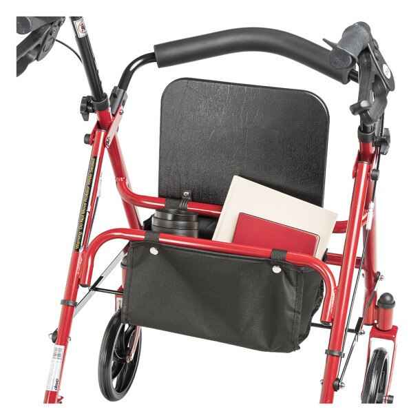 A close-up of the Drive Four Wheel Rollator Walker with adjustable handles, a black bag holding a water bottle, red notebook, and beige folder stored behind the seat. Features fold-up removable back support from Drive.