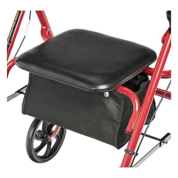Close-up of the Drive Four Wheel Rollator Walker in red, with a black padded seat, removable back support, storage pouch below, adjustable handles, and small black wheels.
