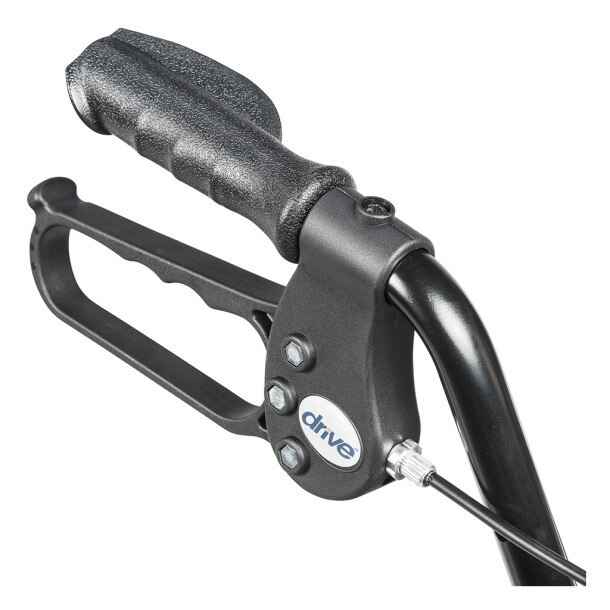 Close-up of a Drive Four Wheel Rollator Walker w/ Fold-Up Removable Back Support handle, featuring a textured grip, adjustable handle, hand brake lever, and the Drive logo on the metal frame.