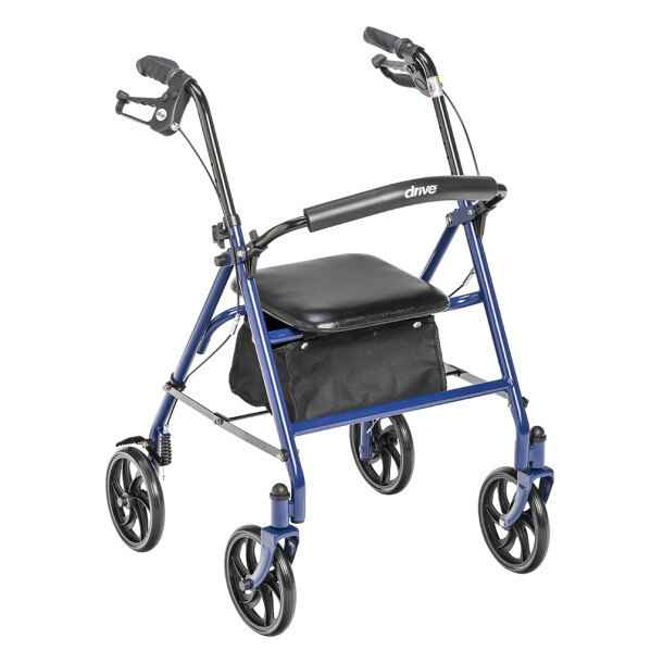 The Drive Four Wheel Rollator Walker features black adjustable handles, a padded seat, convenient under-seat storage bag, and fold-up removable back support.