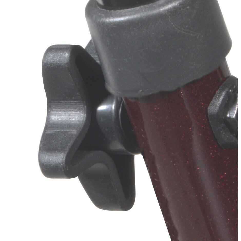 Close-up of a black adjustment knob attached to the maroon metal frame of the Drive Go-Lite Bariatric Steel Rollator by Drive, with a plastic clamp securing the parts together.