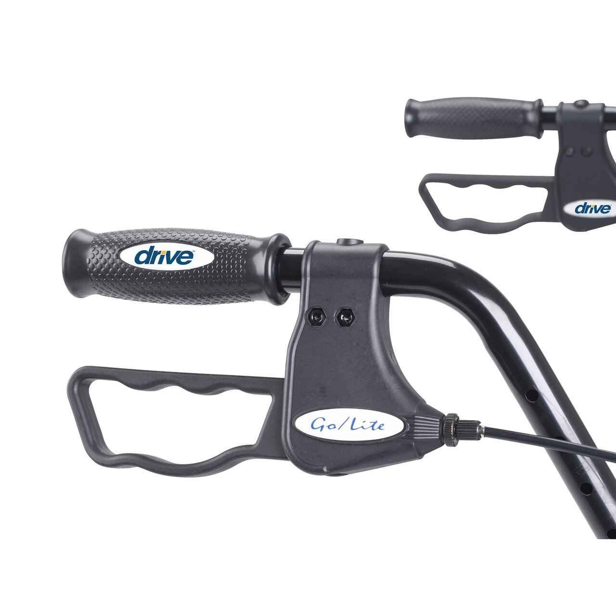 Close-up of the black handlebar with textured grip and Go-Lite brake lever on the Drive Go-Lite Bariatric Steel Rollator by Drive, which supports up to 500 lbs; inset shows padded seat and full handlebar configuration.