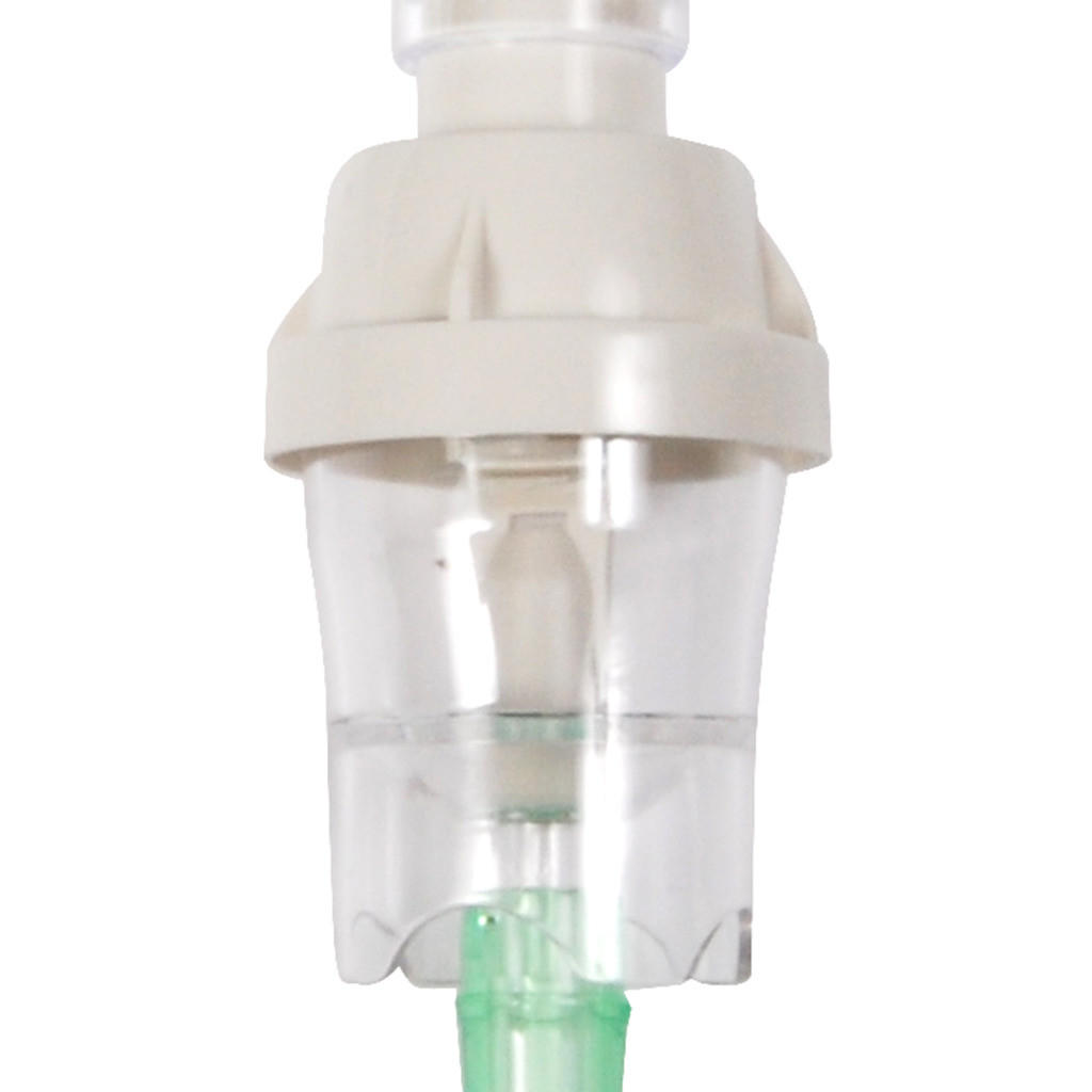 Close-up of a medical IV drip chamber beside the Drive Handheld Nebulizer Kit with a small volume medication cup and mouthpiece, ideal for precise medication delivery.
