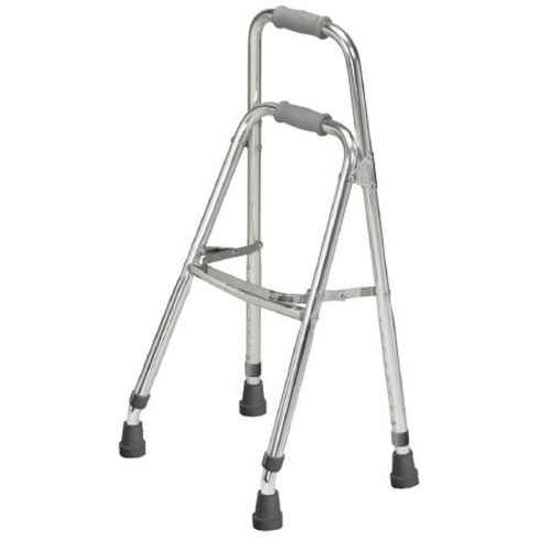 The Drive Hemi Side Step Folding Walker by Drive is a lightweight, silver walker with four rubber-tipped legs and two padded hand grips, designed to assist walking and improve stability.