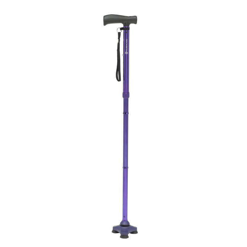 The Drive HurryCane Freedom Edition Folding Cane features an adjustable height (30.5–37.5 in), a purple shaft, black ergonomic handle, wrist strap, and wide quad-tip base for added stability.