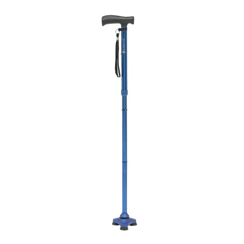 A blue Drive HurryCane Freedom Edition Folding Cane, adjustable from 30.5 to 37.5 inches, features a black ergonomic handle, wrist strap, and a wide four-point rubber base for stability.
