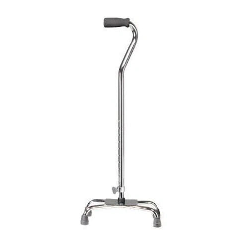 The Drive Large Base Quad Cane, 30–39 inch height in chrome, features a black handle and four rubber-tipped feet for extra stability. This adjustable cane by Drive supports up to 300 lbs for dependable support and comfort while walking.