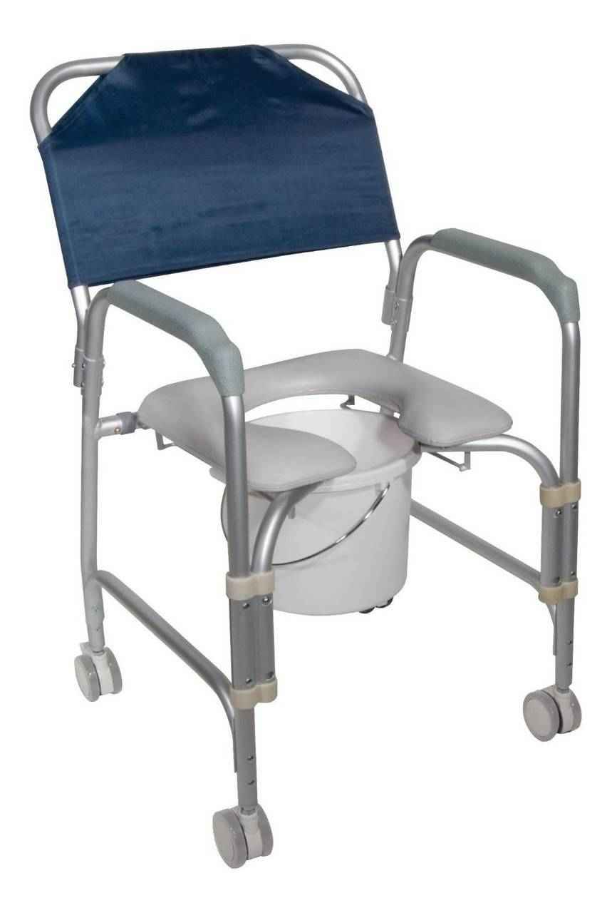 The Drive Lightweight Aluminum Portable Shower Chair Commode supports up to 300 lbs and features wheels, blue backrest, padded armrests, split seat, and a removable bucket for easy mobility and convenience.