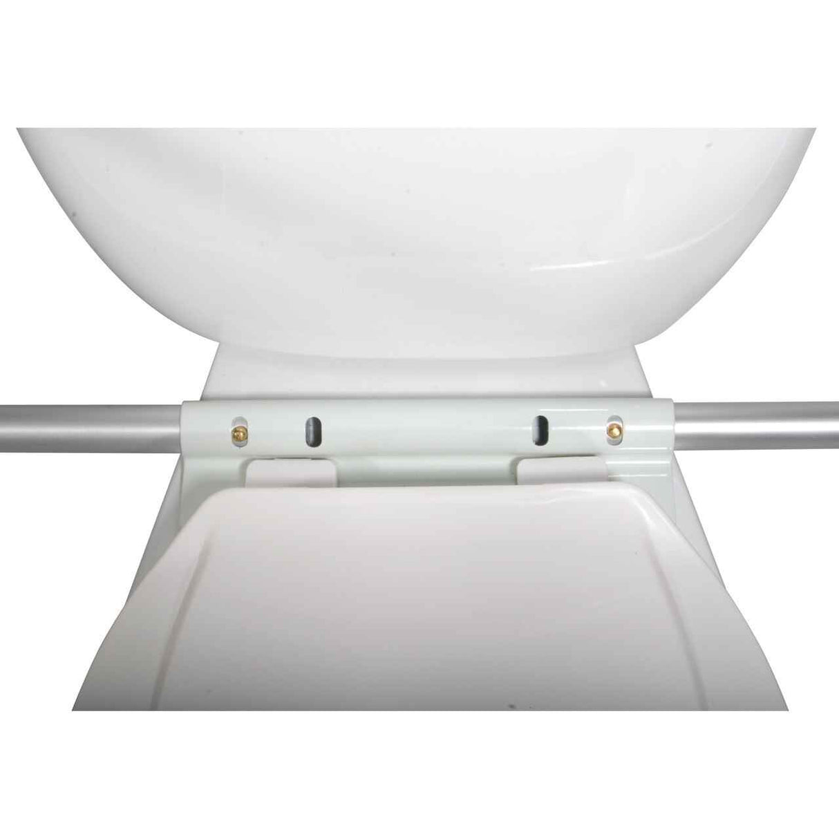 Close-up view of a white toilet with a raised seat and the Drive Medical Knock Down Toilet Safety Frame by Drive, featuring adjustable, lightweight aluminum armrests for added stability and comfort.