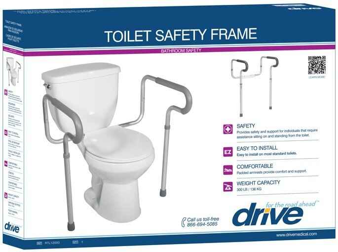 A box for the Drive Medical Knock Down Toilet Safety Frame displays the frame with adjustable armrests on a toilet and highlights safety, easy installation, lightweight aluminum, comfort, and a 300 lb weight limit.