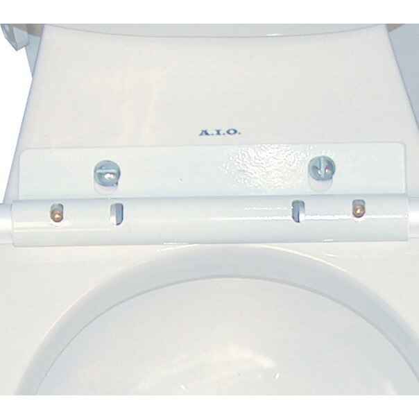 Close-up of the hinge area on a white toilet seat showing two metal screws and mounting holes, designed to support the Drive Medical Knock Down Toilet Safety Frame by Drive for adjustable armrest stability.
