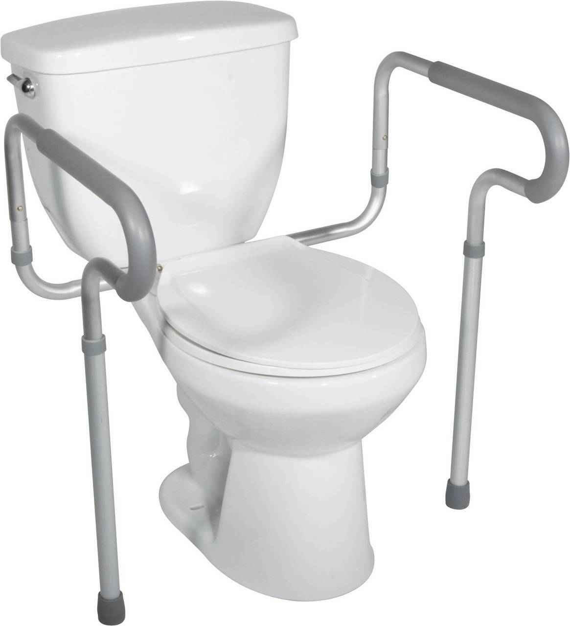 The Drive Medical Knock Down Toilet Safety Frame by Drive is a white toilet safety frame with lightweight aluminum construction and gray adjustable armrests on both sides, designed to offer support and stability for those with mobility challenges.