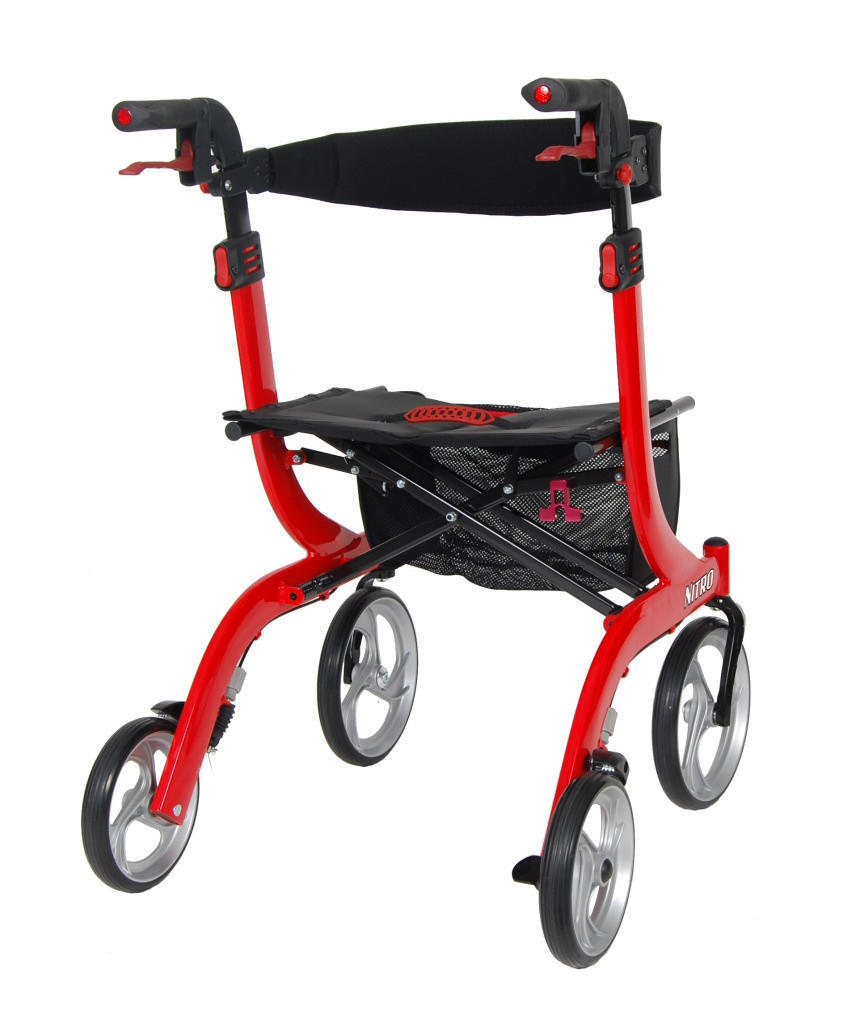 The Drive Nitro Aluminum 4 Wheel Rollator by Drive features a black frame, 10 casters, a comfortable seat with storage pouch under the seat, and adjustable handles for enhanced mobility support.