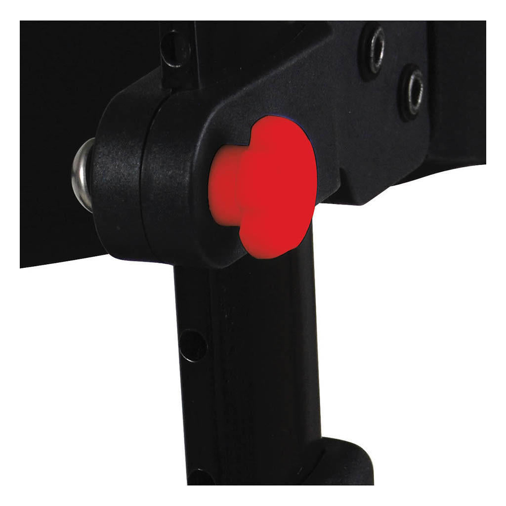 Close-up of a black Drive Nitro Aluminum 4 Wheel Rollator mechanism with a red knob handle, used for adjusting or securing the rollator or similar euro-style walker equipment.