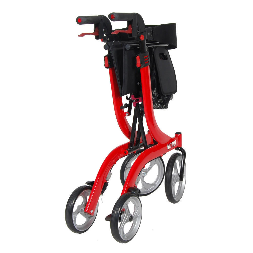 The Drive Nitro Aluminum 4 Wheel Rollator in black, featuring 10 casters, is shown folded upright for easy storage or transport. It includes ergonomic handles, a black seat, and a storage pouch—ideal for those seeking euro-style walkers.