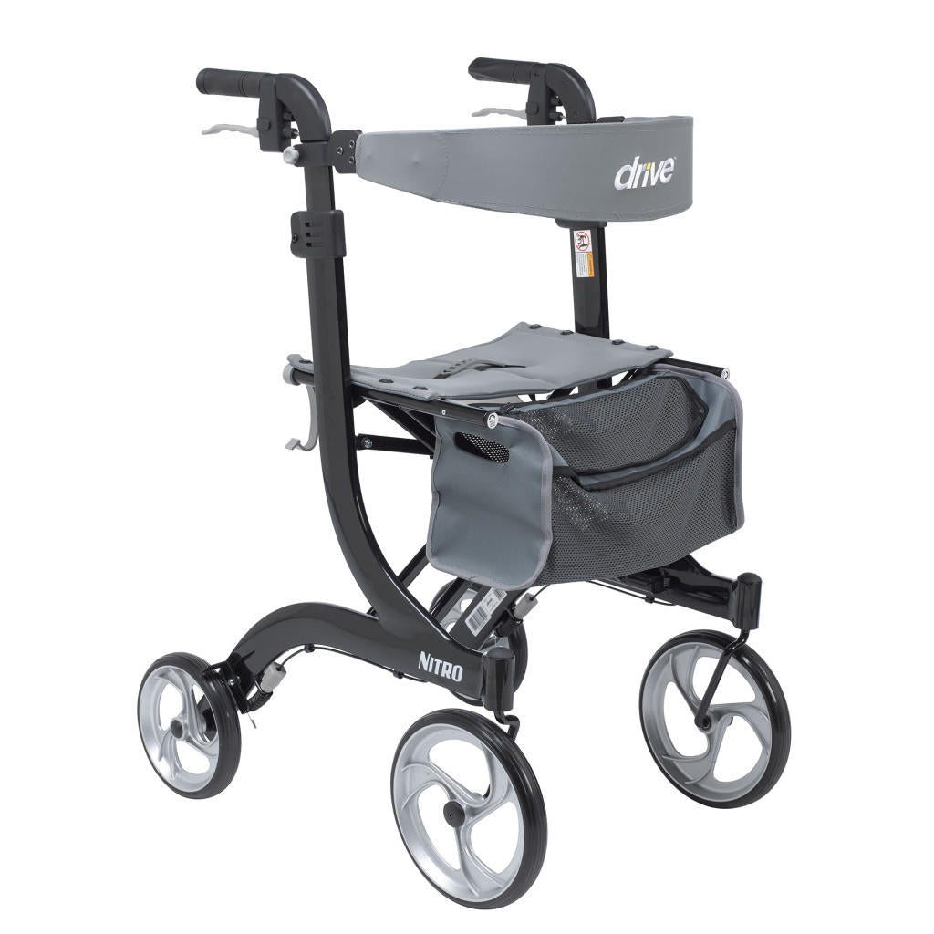 The Drive Nitro Aluminum 4 Wheel Rollator features a black design with 10 casters, mesh storage bag, hand brakes, padded seat, and the Drive brand visible on the backrest.