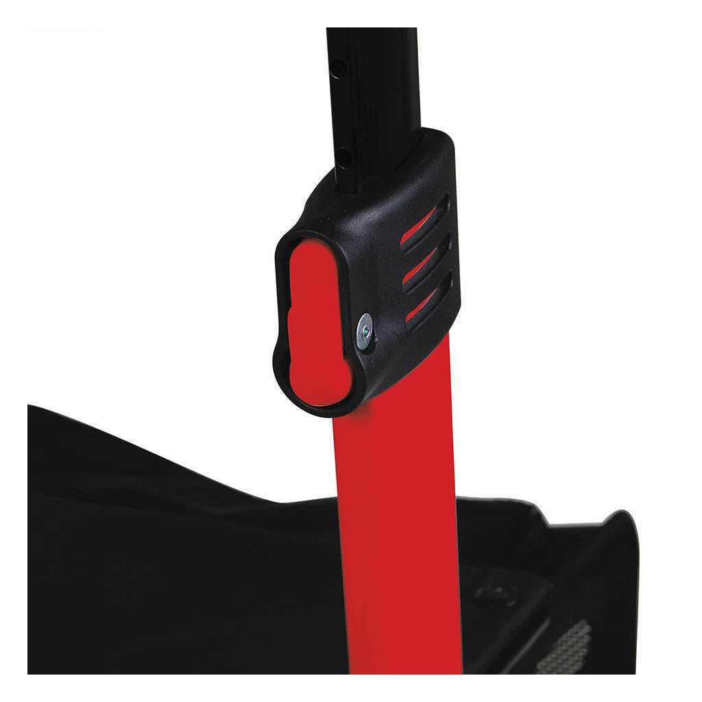 Close-up of a black and red adjustable handle with locking mechanism on a Drive Nitro Aluminum 4 Wheel Rollator, White, 10 Casters by Drive, shown against a plain white background.