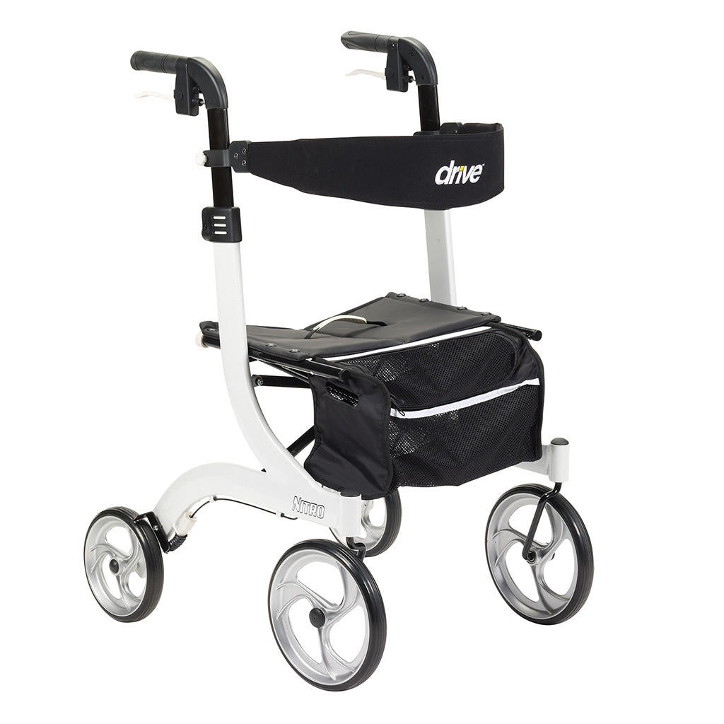 The Drive Nitro Aluminum 4 Wheel Rollator in white features 10 casters, a black seat with a mesh storage bag below, hand brakes on the handles, and a lightweight Euro-style Drive-branded frame.