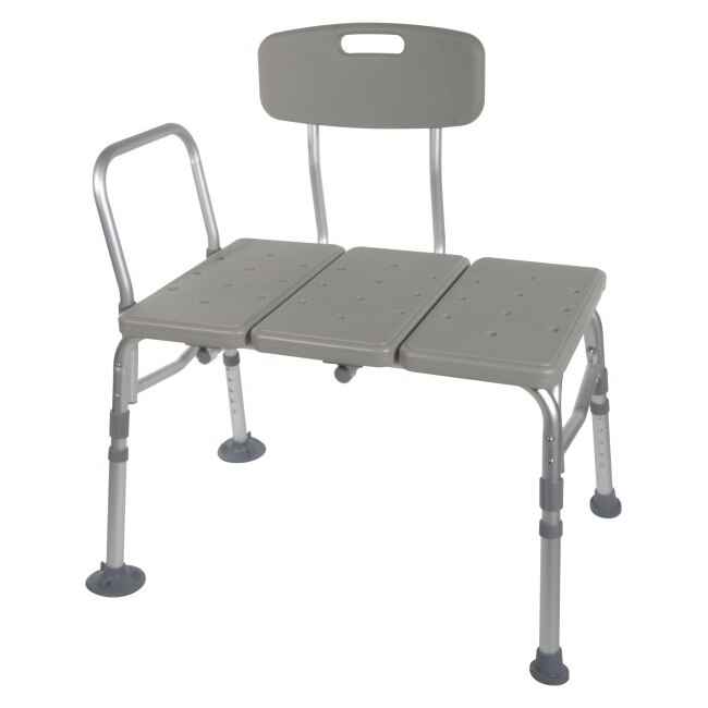 The Drive Plastic Transfer Tub Bench by Drive is a gray, adjustable shower bench with three seats, backrest, and armrest. It assembles tool-free and has rubber-tipped legs for stability, ensuring safe and easy bathroom transfers.
