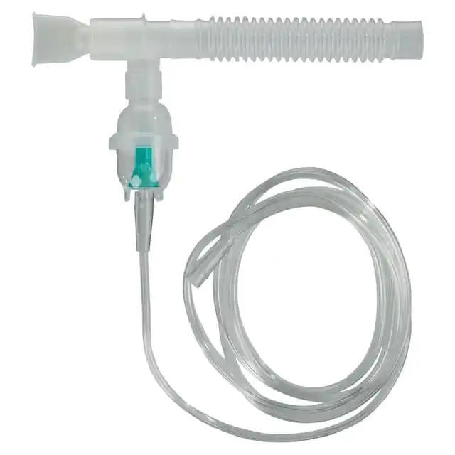 The Drive Power Neb Ultra Nebulizer Kit by Drive includes a clear mouthpiece, small medication chamber, flexible corrugated tube, and clear tubing—ideal for efficient respiratory medication delivery.