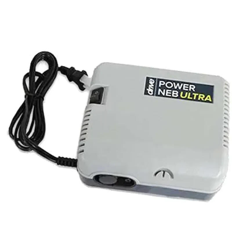 The Drive Power Neb Ultra Nebulizer Kit by Drive is a white respiratory device with a black power cord, labeled on top, and features a visible side power switch for effective treatments.