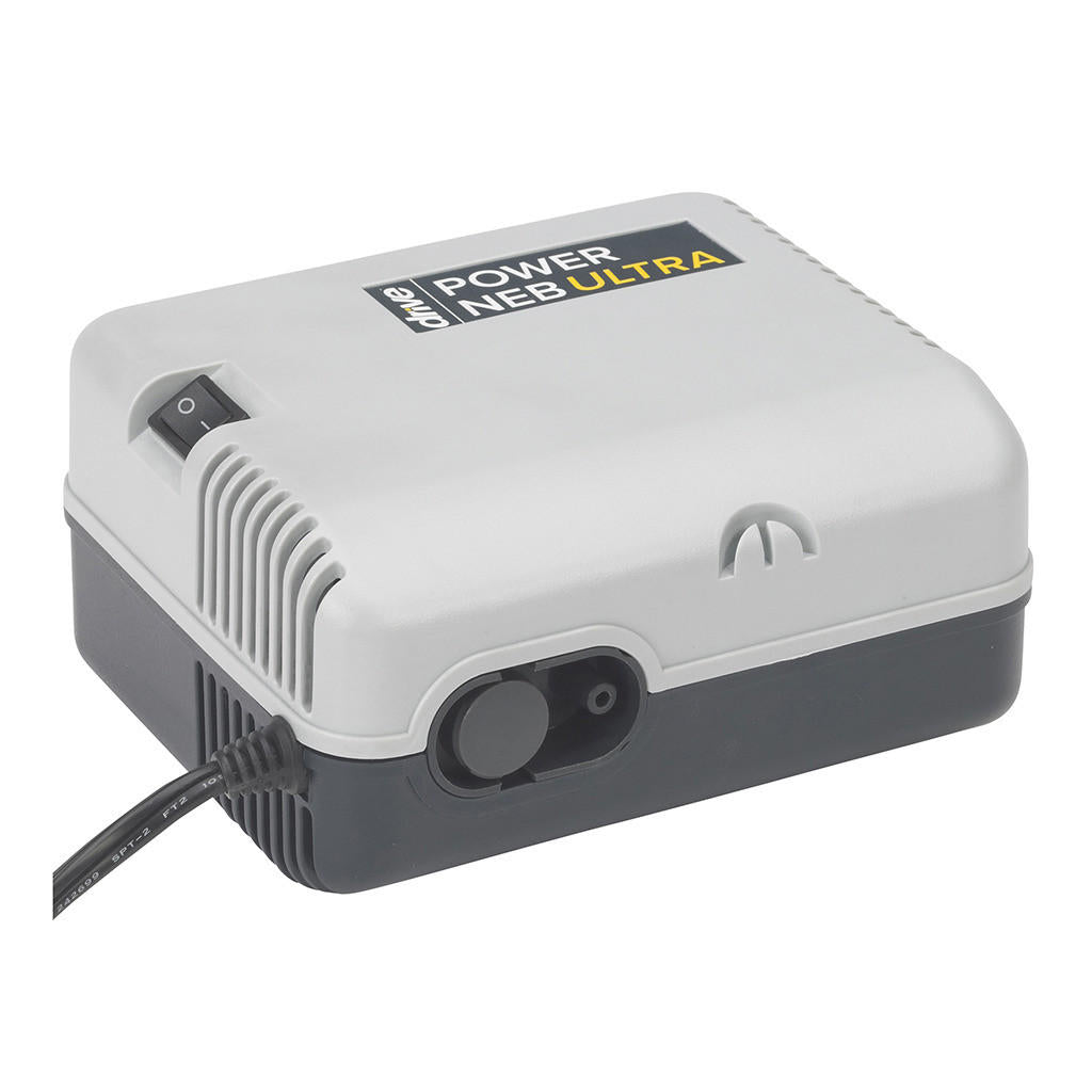 The Drive Power Neb Ultra Nebulizer Kit by Drive is a gray and black device with a top power switch, front vent, and attached cord, designed for effective respiratory therapy.