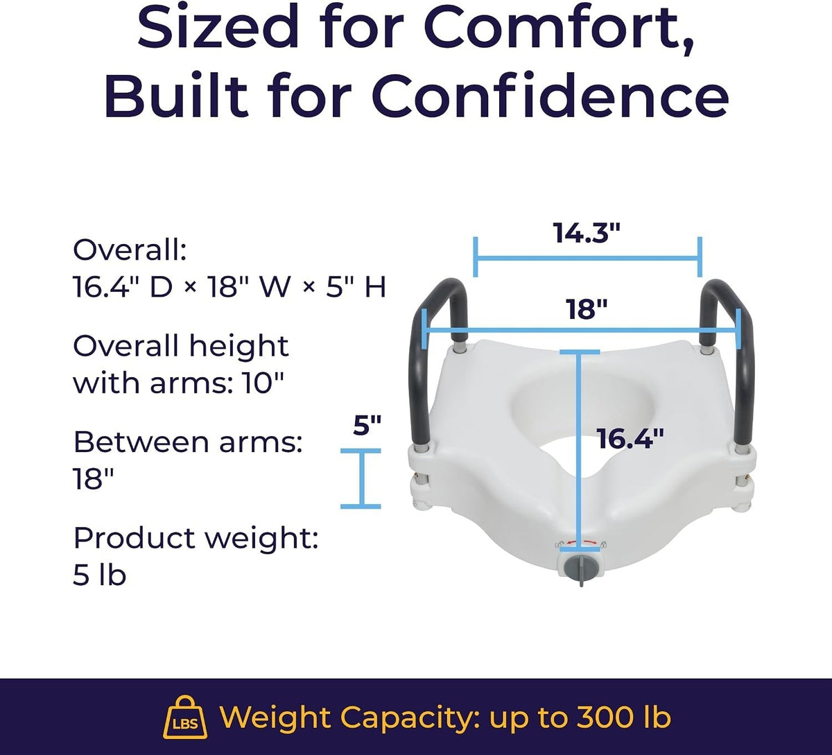 Drive Premium Raised Toilet Seat with Removable Arms, Standard Round, 13.75" x 17", 3.5" Height, 300 lb Capacity - 12402-Single - LL Medico