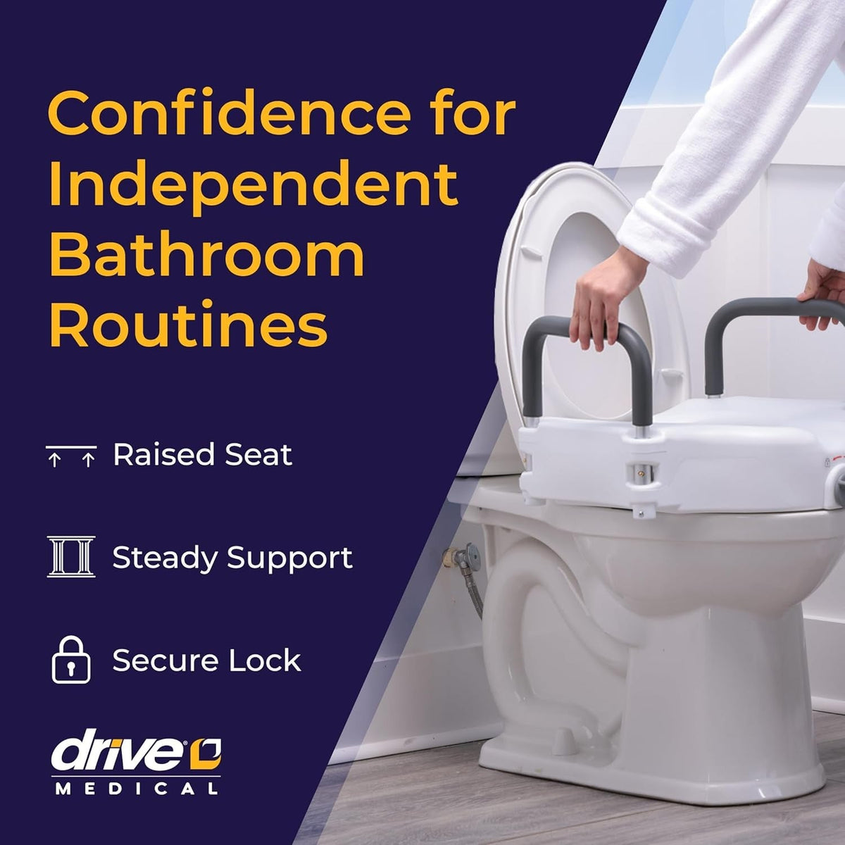 Drive Premium Raised Toilet Seat with Removable Arms, Standard Round, 13.75" x 17", 3.5" Height, 300 lb Capacity - 12402-Single - LL Medico