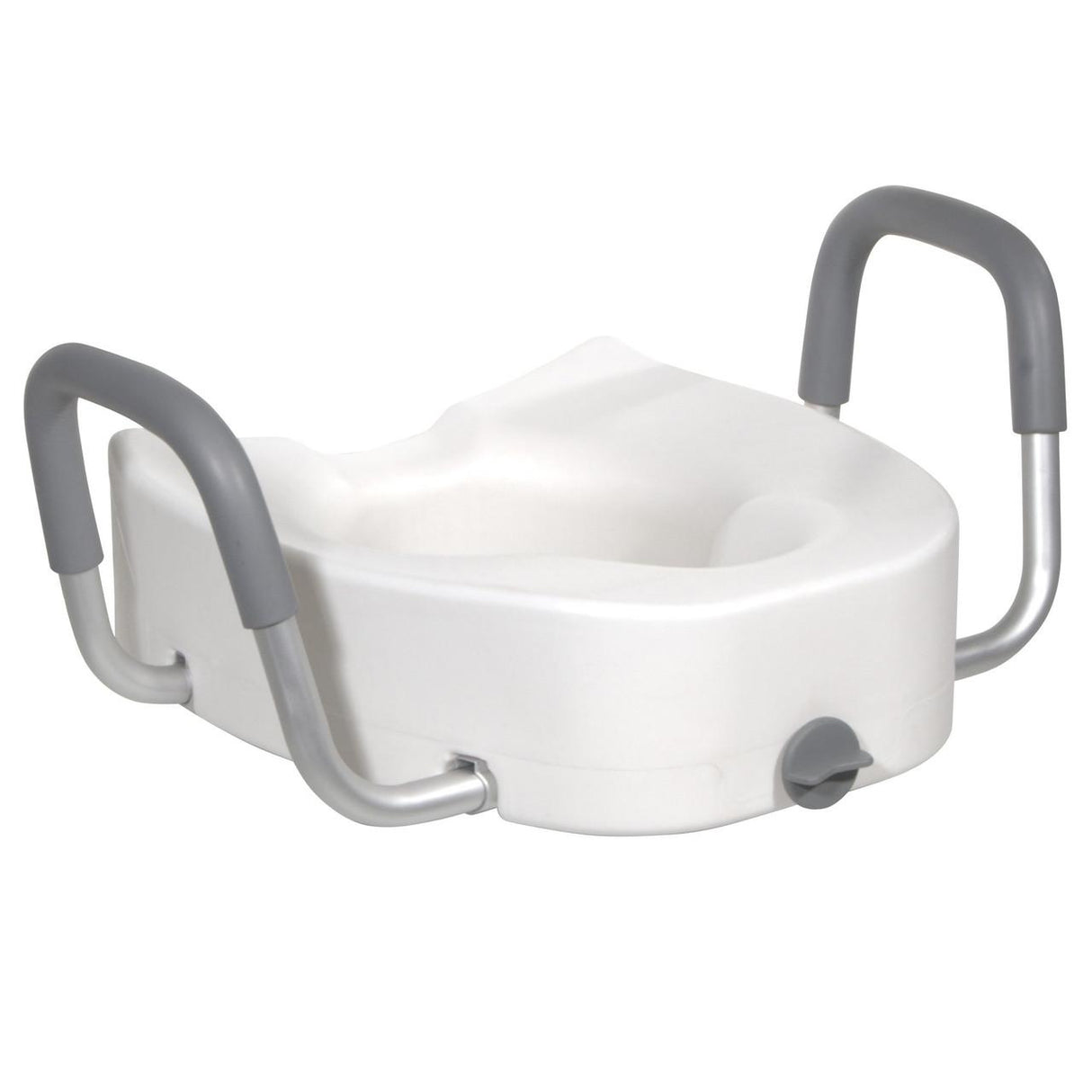 The Drive Raised Elongated Toilet Seat with Lock and Arms features a white seat, gray padded armrests for comfort, and a front knob locking mechanism for secure attachment.