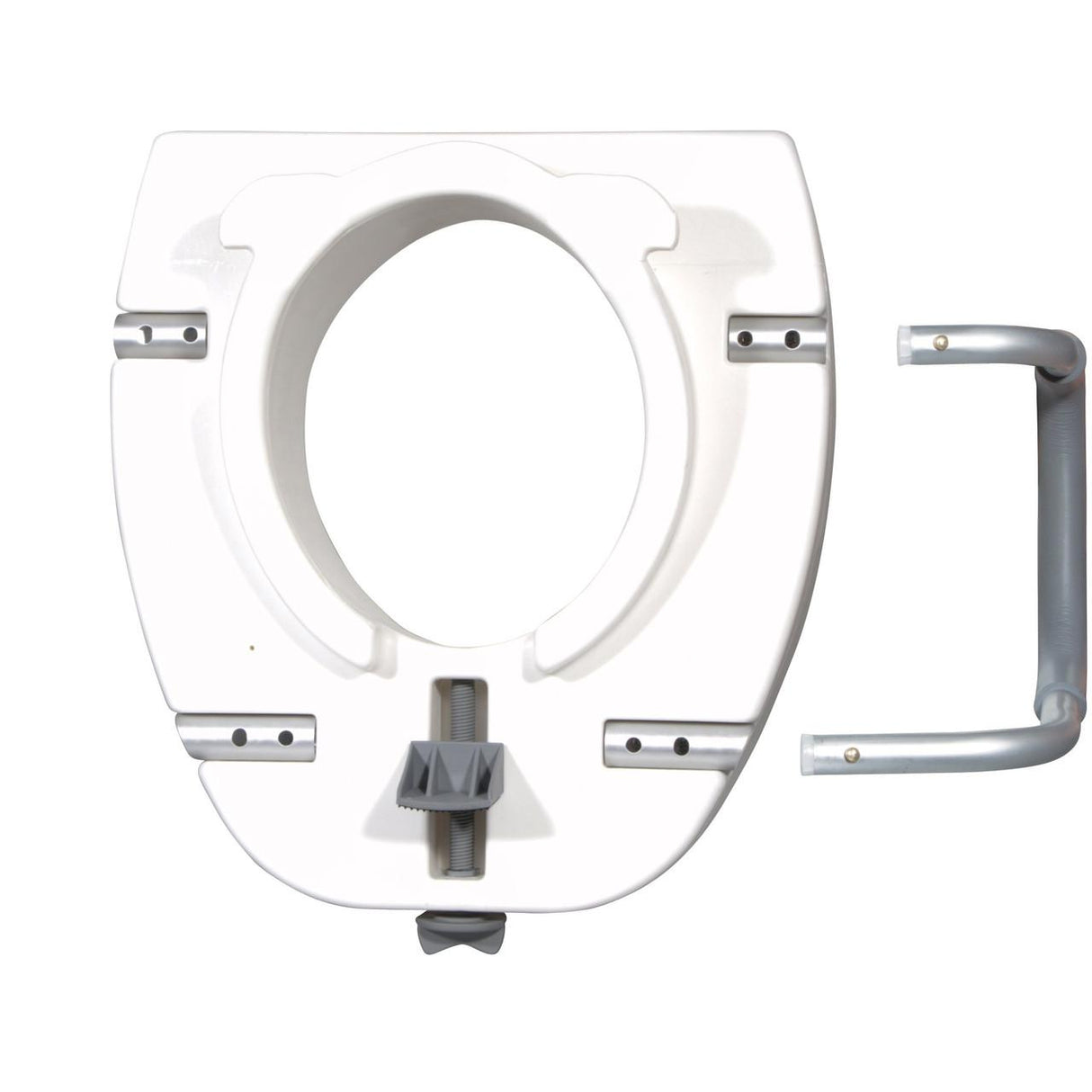 The Drive Raised Elongated Toilet Seat with Lock and Arms by Drive features a white open-front design, side-mounted metal support arms, a locking mechanism, and an adjustable front clamp for secure and accessible attachment.