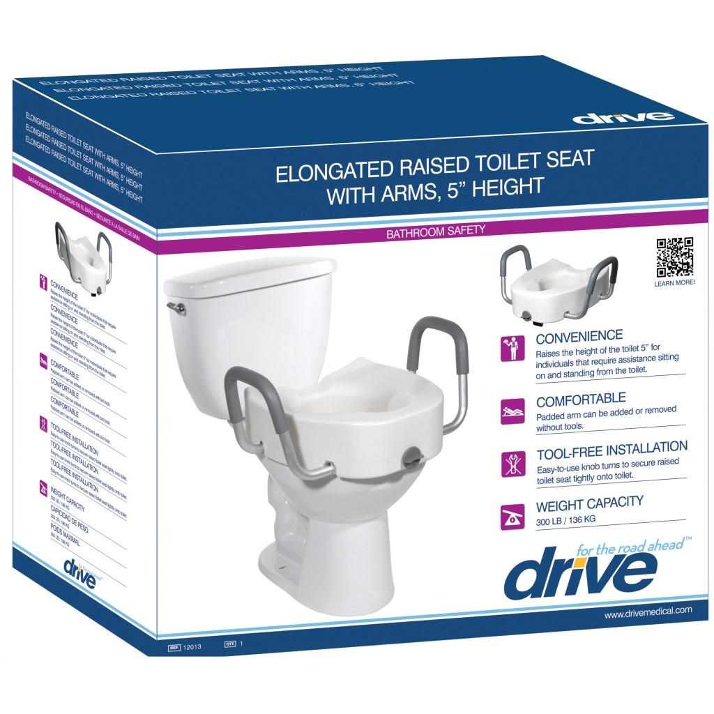 A box for the Drive Raised Elongated Toilet Seat with Lock and Arms by Drive, 5 height, displays images of the seat on a toilet and highlights convenience, comfort, secure locking, tool-free setup, and 300 lb capacity.
