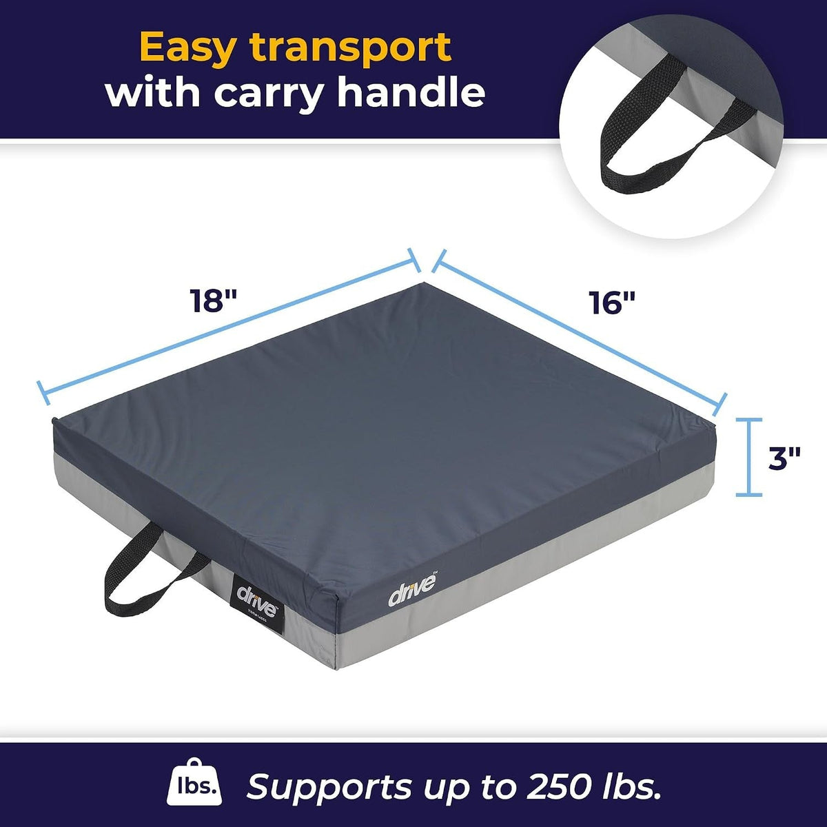 Drive Skin Protection Gel Wheelchair Seat Cushion, 18" x 16" x 3", Standard - 14886-Single - LL Medico