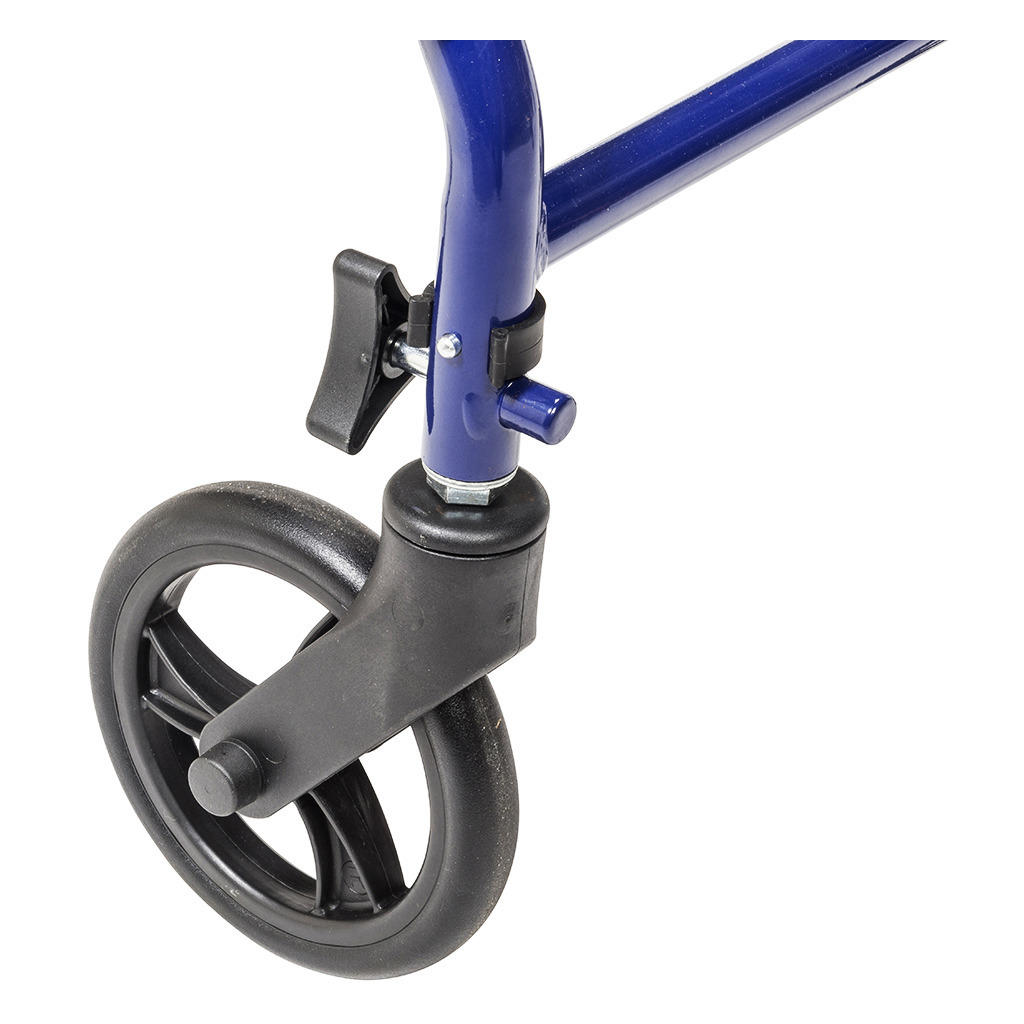 Close-up of a black caster wheel with lock on the blue metal frame of the Drive Steel Patient Rollator w/ 6 Wheels by Drive, showing part of the padded seat above. Suitable for users up to 300 lbs.