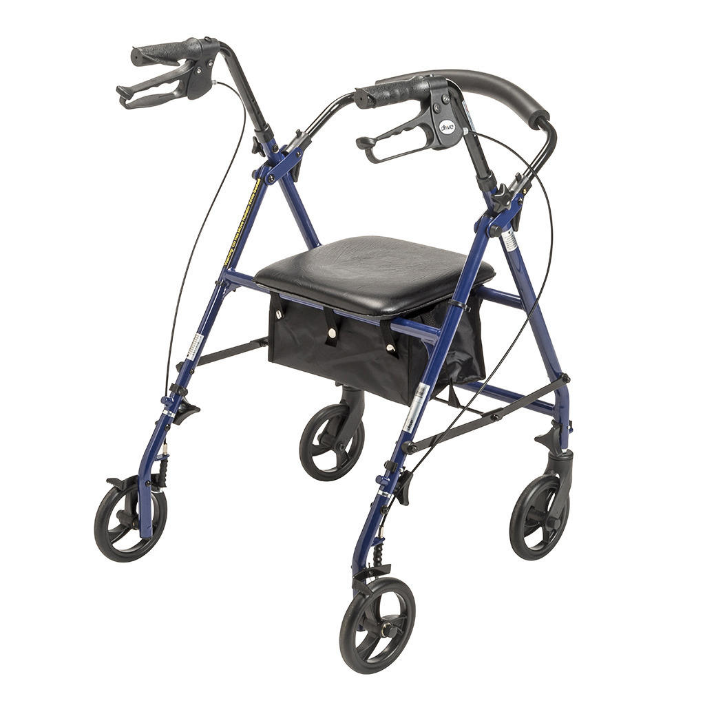 The Drive Steel Patient Rollator by Drive features 6 wheels, a padded seat, hand brakes, a black storage pouch, and supports up to 300 lbs. This sturdy folding walker provides comfort and convenience for daily mobility needs.